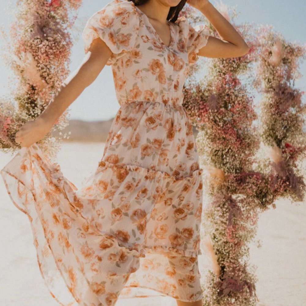 Bohemian Dusty Orange Floral Midi Dress Sz S by Blu Pepper - Picture 8 of 15